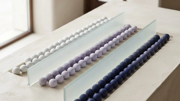 AI-generated editorial illustration of ceramic spheres separated into three coloured cohorts by glass partitions.