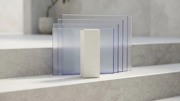 AI-generated editorial still life of an ivory carton and aligned glass sheets representing clear product information.