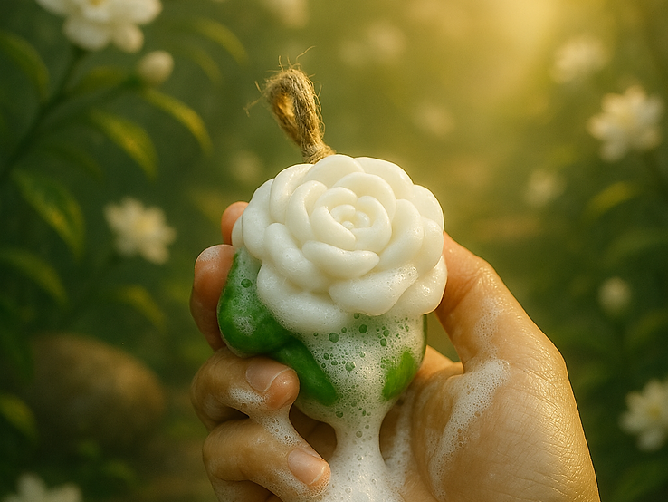 A hand holding a rose-shaped Fun Soaps soap-on-a-rope in a sunlit garden