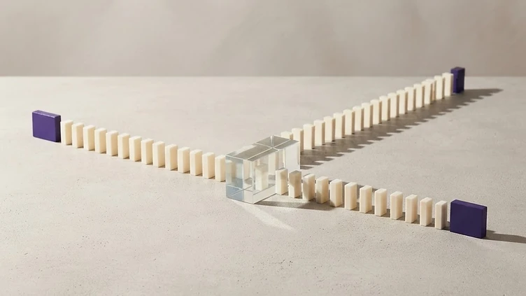 AI-generated conceptual illustration of two separated paths of ivory blocks representing different advertising roles.