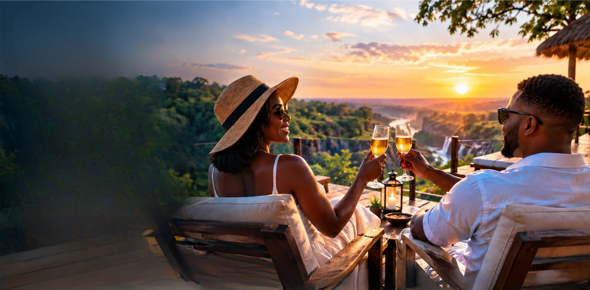 Couple toasting at sunset over a Zambian gorge