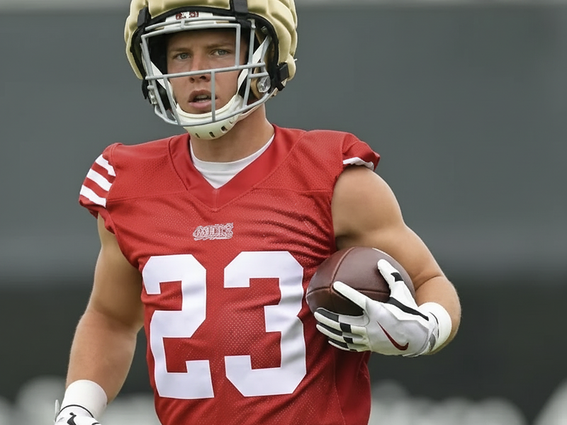 Christian McCaffrey carrying the football during 49ers practice