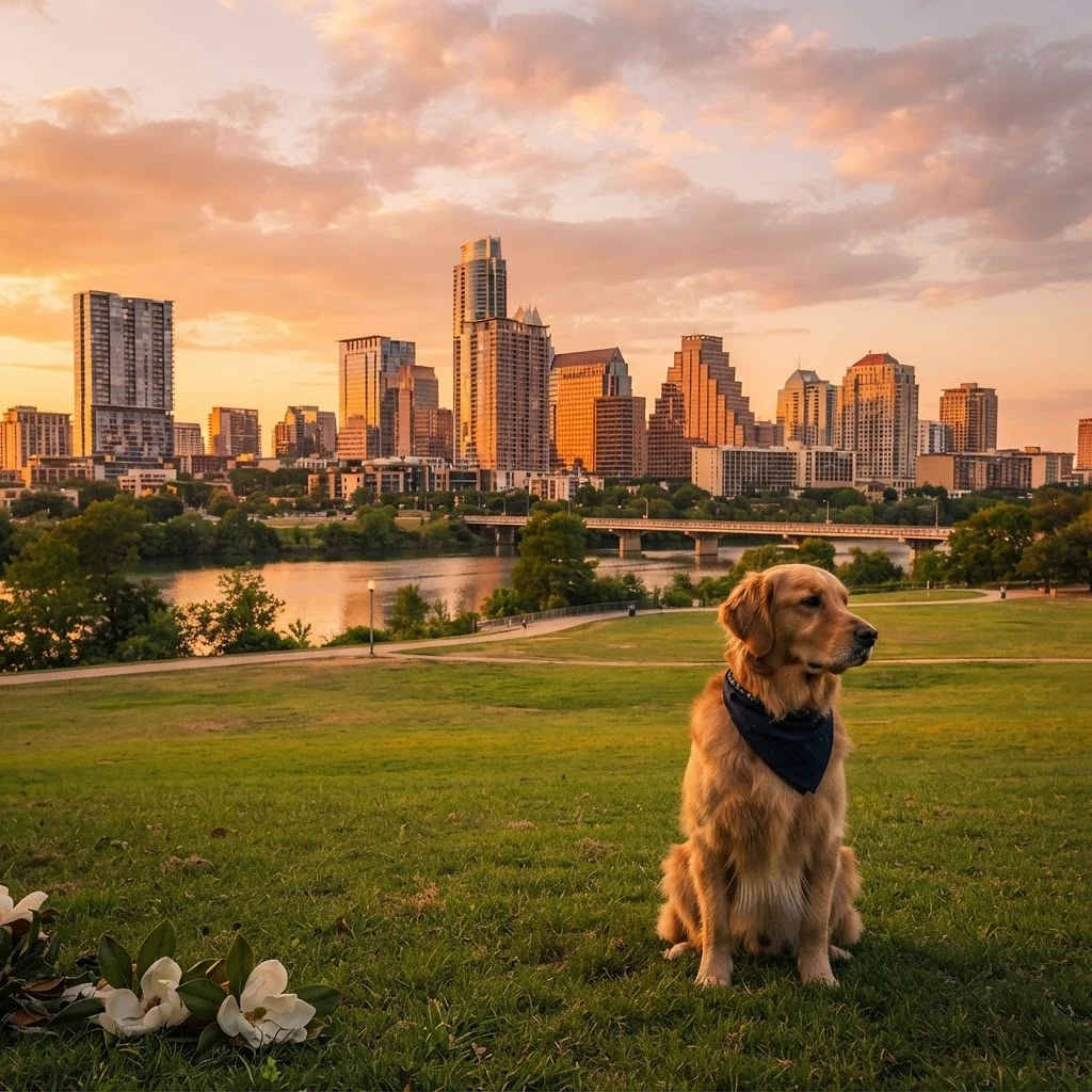 Golden retriever wearing a navy bandana sitting in an Austin park with the downtown skyline at golden hour