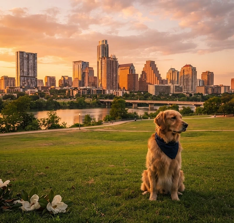 Golden retriever wearing a navy bandana sitting in an Austin park with the downtown skyline at golden hour