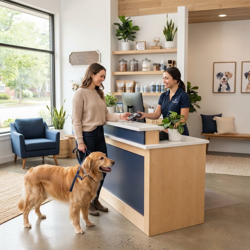 Dog owner checking out at a professional dog grooming business