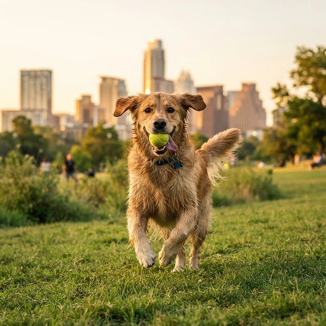 Golden retriever running with a tennis ball in its mouth in an Austin park