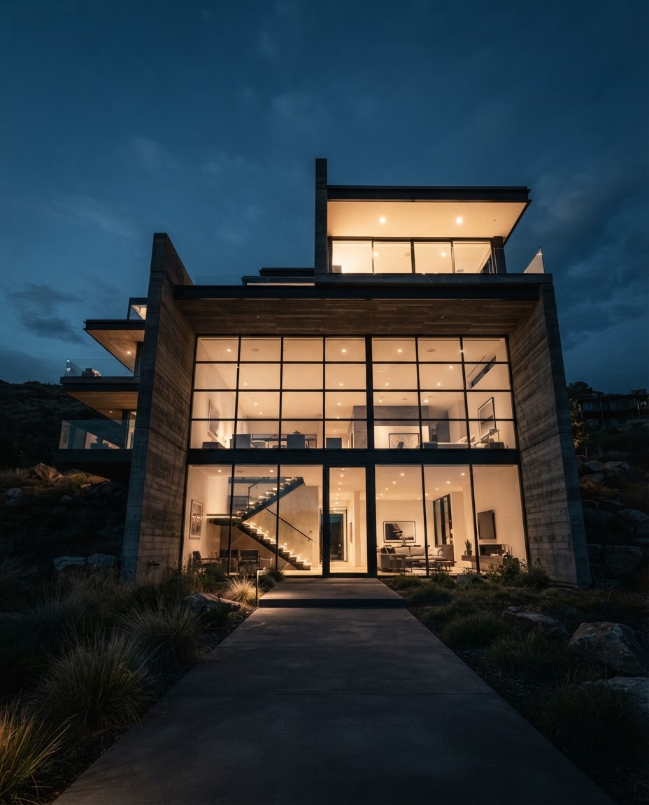 Modern concrete and glass building at dusk