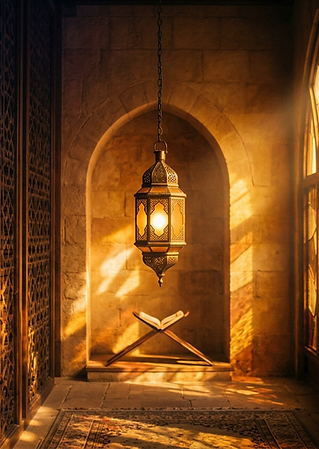 A glowing lantern beside an open Qur'an