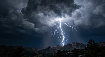 A lightning bolt in a stormy sky.