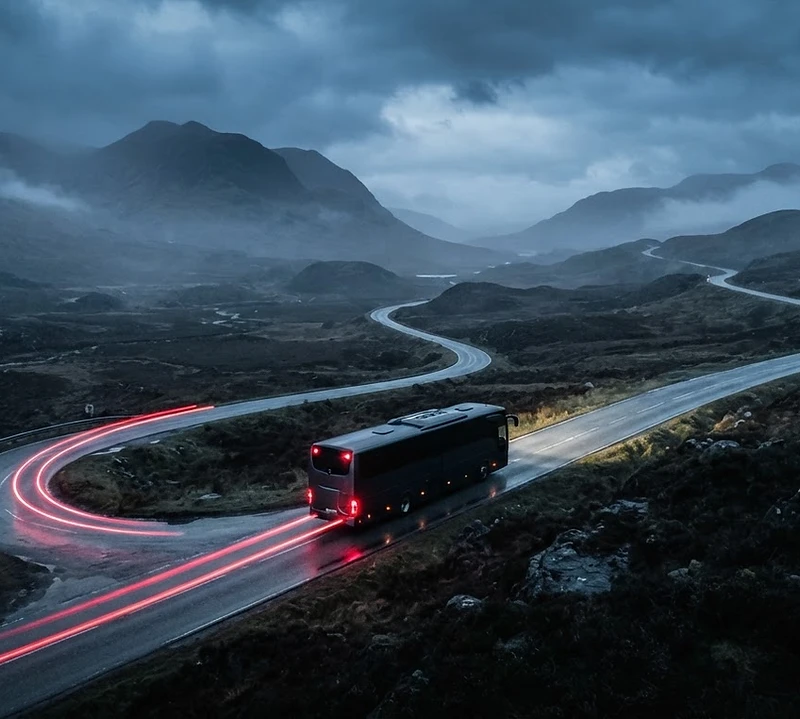 Red Route coach traveling the highland motorway at dawn