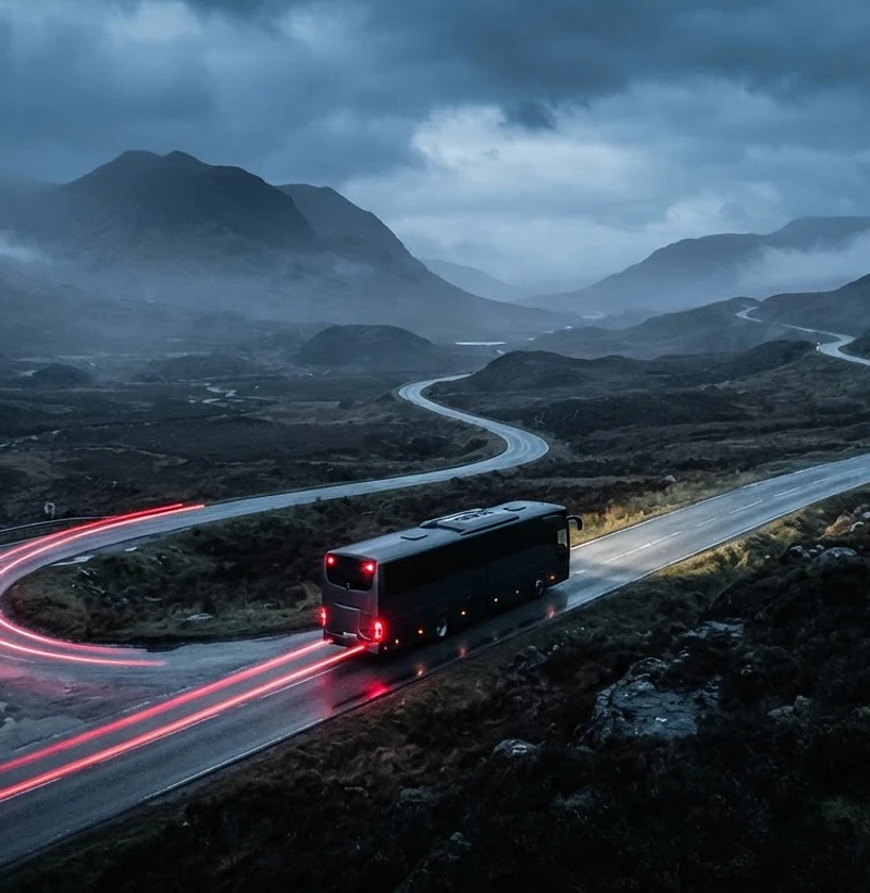 Red Route coach traveling the highland motorway at dawn