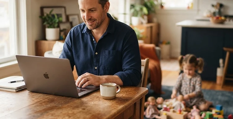A parent working from home with flexible hours