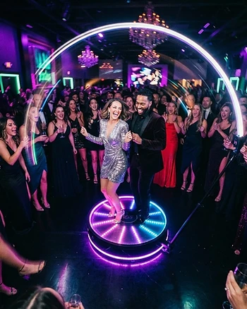 Neon gala send-off — the whole dance floor spinning in slow motion.