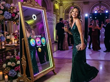 Sweet 16 mirror moments — guests tapped, posed, and printed all night.