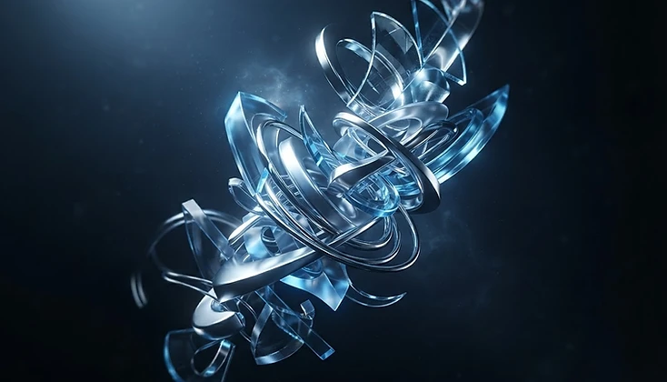 Abstract glass and chrome forms representing structure, flow, and growth