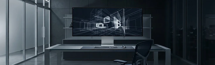 Design studio interior with a large monitor displaying a clean layout