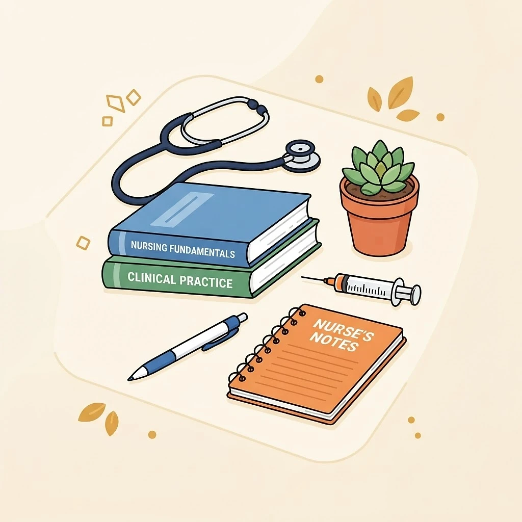 Clinical supplies, a stethoscope, textbooks and medical instruments