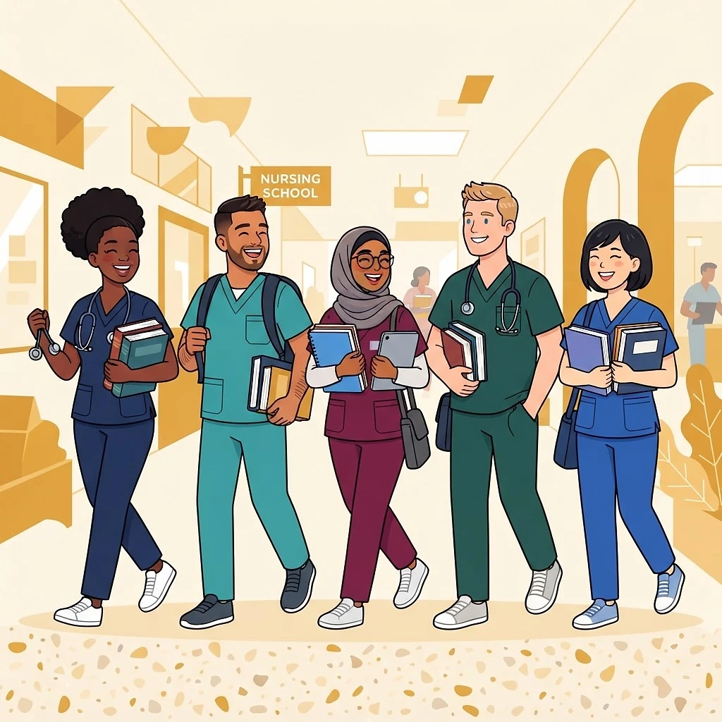 Nursing students in scrubs carrying books together