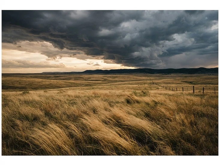 A vast prairie under a brooding storm sky at dusk