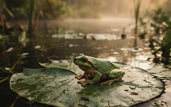 A small green frog sitting still on a lily pad at dawn