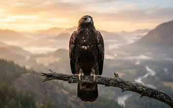 An eagle soaring high above a wide misty valley at sunrise