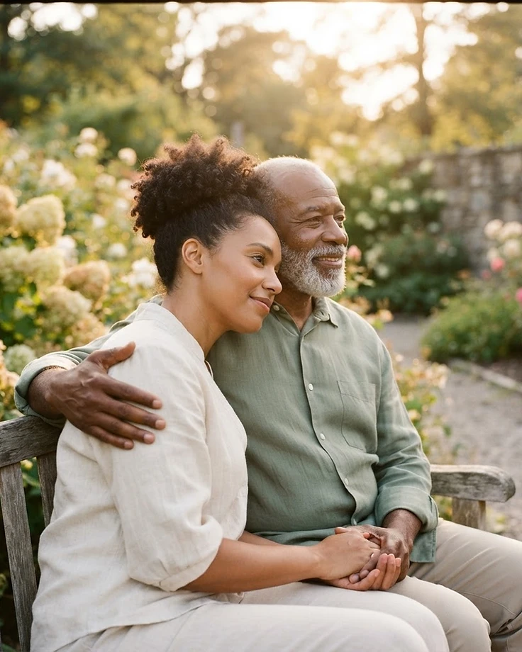 An adult daughter resting her head on her elderly father's shoulder, looking at a garden