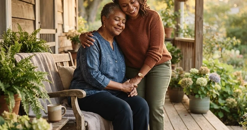 An adult daughter embracing her elderly mother on a porch in golden light