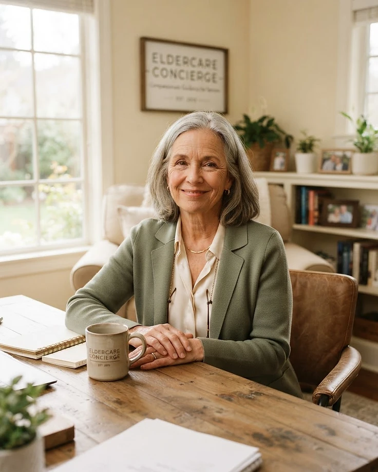 The founder of Evolve, a compassionate mature woman in warm natural light