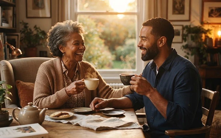 A senior woman and her adult son sharing a moment at a sunlit table