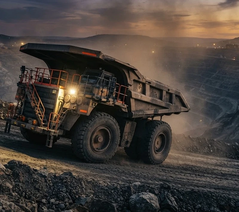 Mining haul truck on a platinum mine haul road near Rustenburg at dusk