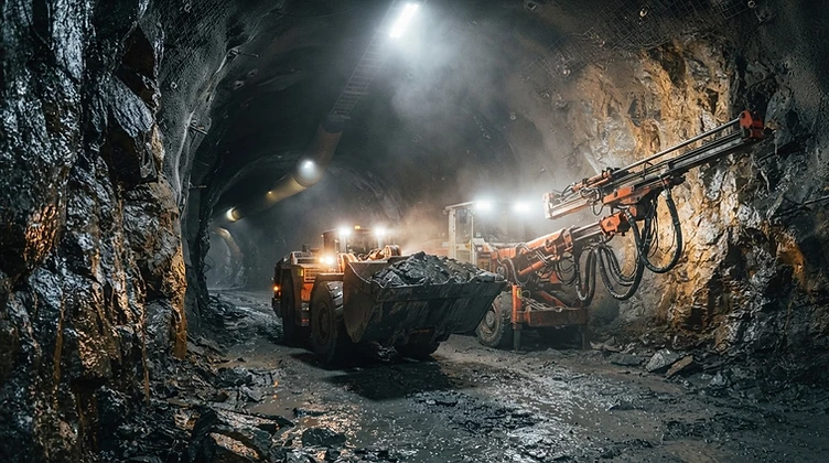 Underground mining LHD loader and drill rig in a rock tunnel