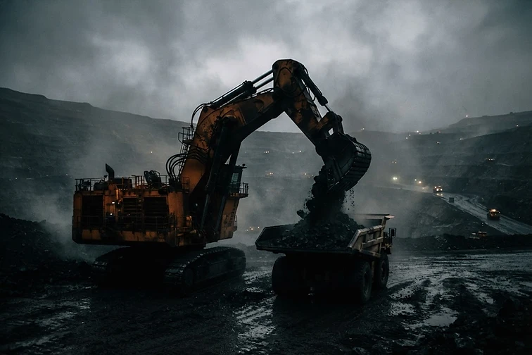 Large hydraulic mining excavator loading coal in low light