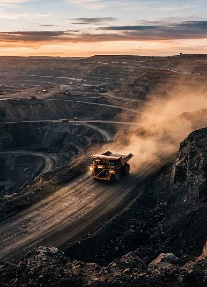 Open-cast coal pit at dawn with a haul truck in dust