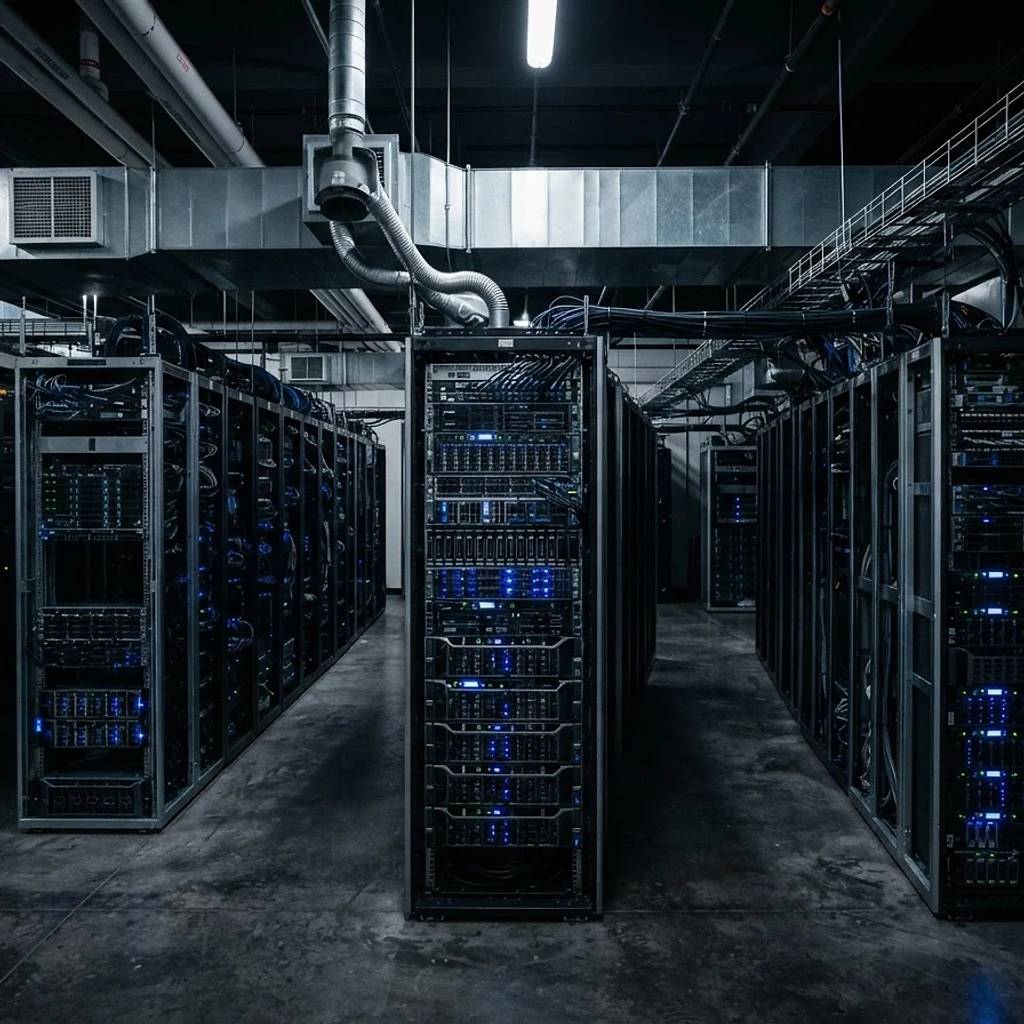 Server racks with precision cooling ducts in an industrial plant server room