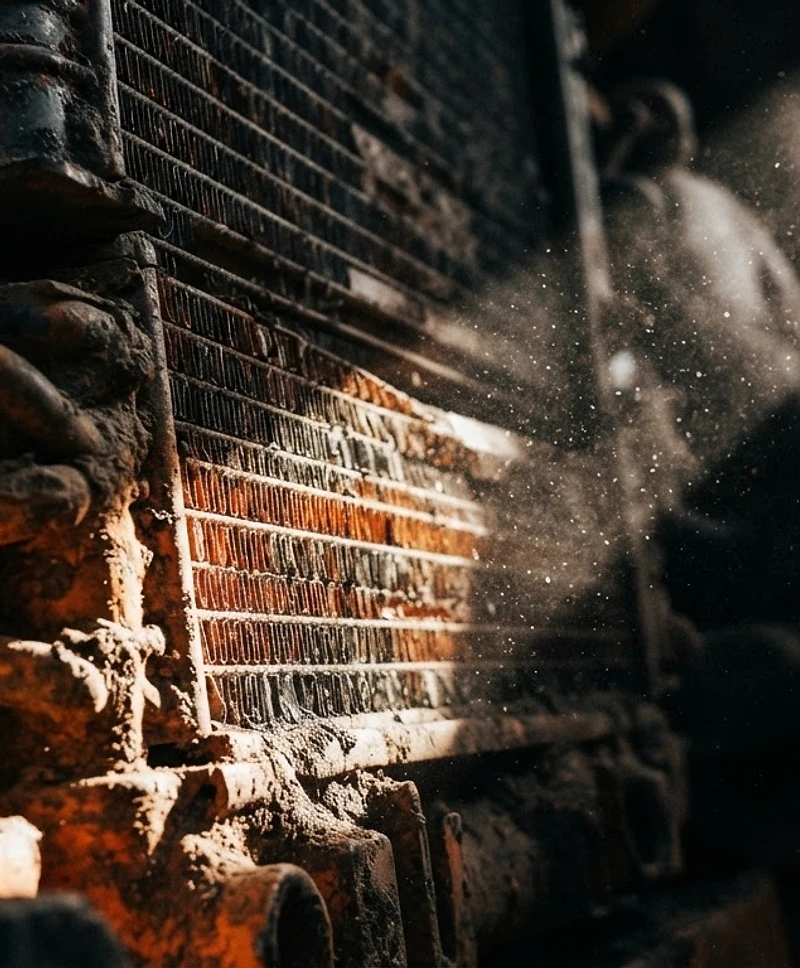 Macro detail of a mining haul truck cooling pack with dust in a hard beam of light