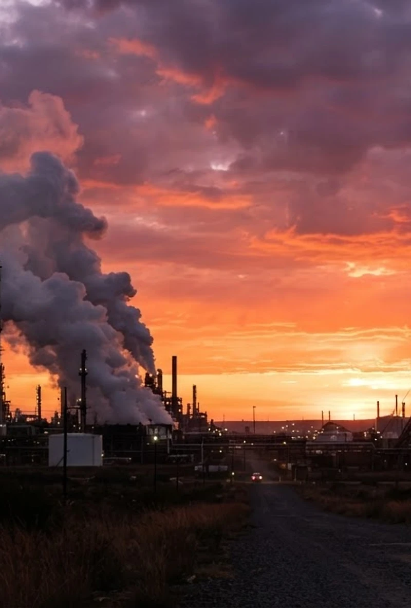 Secunda petrochemical plant and mine headgear against a dramatic Mpumalanga sunrise