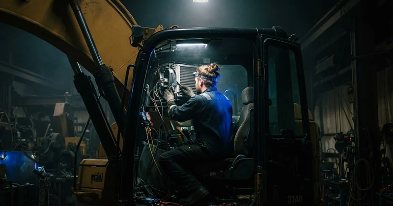 Technician servicing the air conditioning of a large excavator cab in a dim workshop