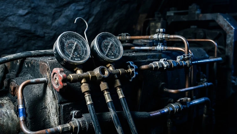 Heavy-duty refrigerant manifold gauges and copper piping on mining equipment