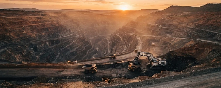 Open-cast mine pit near Lephalale at golden hour with haul trucks showing scale