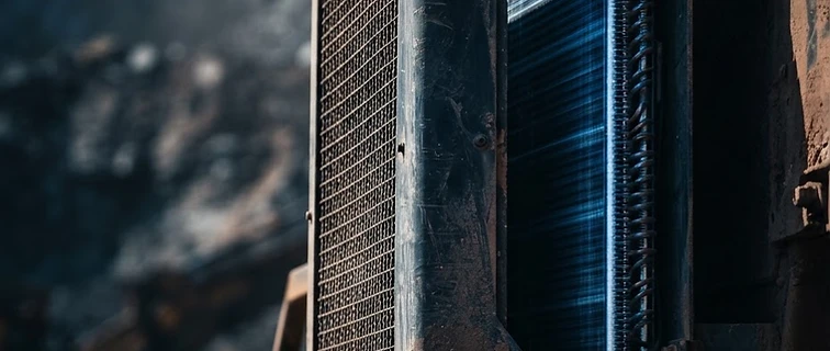Macro view of a mining haul truck air-conditioning condenser unit coated in fine Limpopo dust