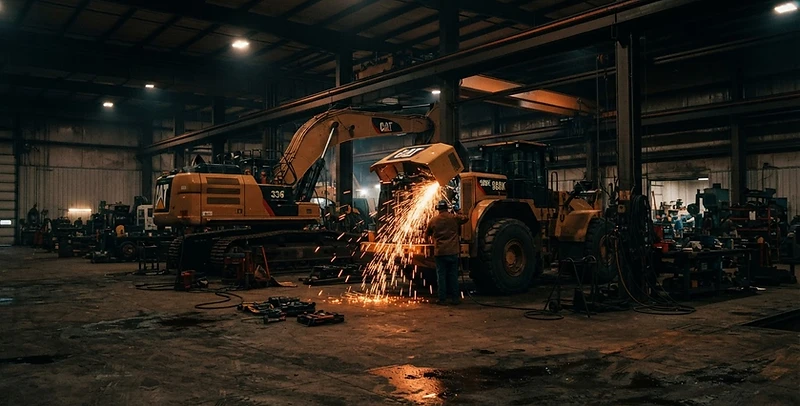 Heavy equipment workshop with excavator and loader under industrial lighting