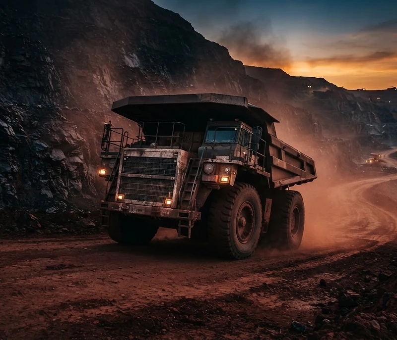 Mining haul truck at dawn in a dusty Rustenburg platinum pit
