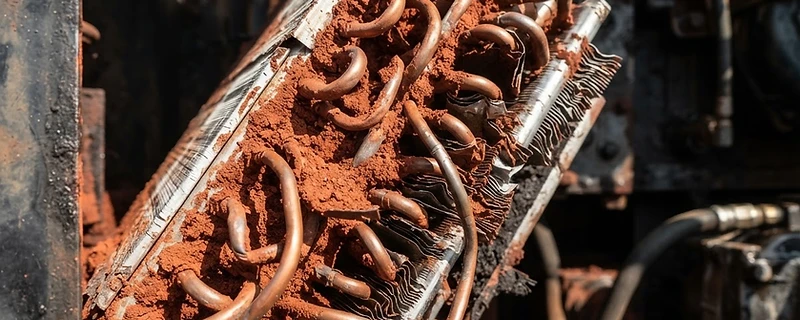 Macro view of a dust-clogged heavy equipment air conditioning condenser coil