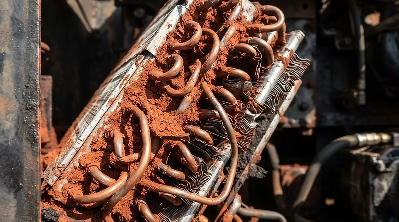 Dust-loaded condenser coil on mining equipment awaiting cleaning