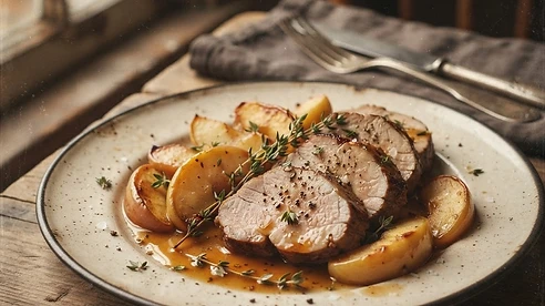 Pork Tenderloin with Cider & Apples — vintage autumn photograph