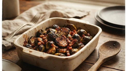 Roasted Brussels Sprouts with Pancetta — vintage autumn photograph