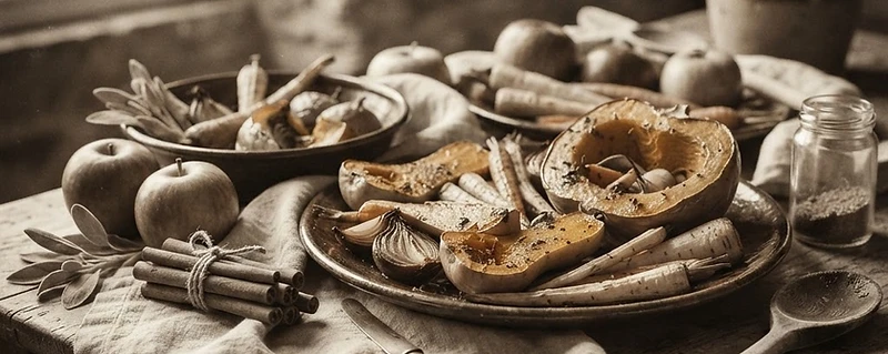 Autumn harvest — pumpkins, squash, apples, and cinnamon
