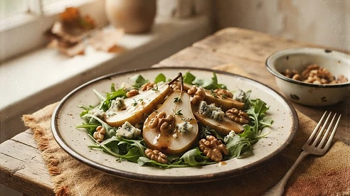 Pear & Walnut Salad with Maple Vinaigrette — vintage autumn photograph