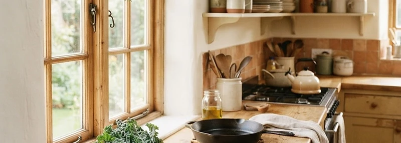 Warm rustic kitchen scene with fresh ingredients and cookware