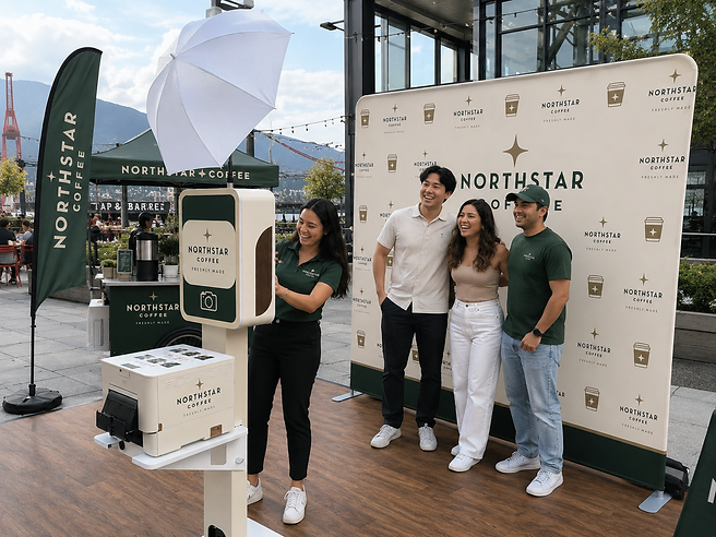 Branded Northstar Coffee photo booth activation with a step-and-repeat backdrop